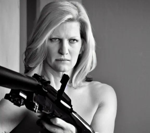 Image similar to skyler white holding a gun, movie still, upper body shot, photorealistic, clean composition