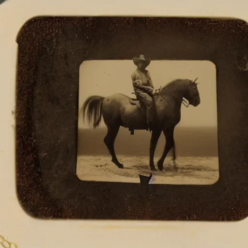 Prompt: tintype photo, bottom of the ocean, cowboy riding unicorn
