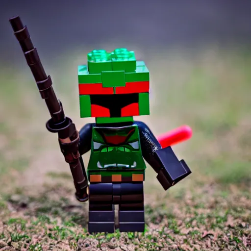 Image similar to Boba Fett made of Legos fighting Darth Vader as a Minecraft Skin in a field, dramatic lighting photo