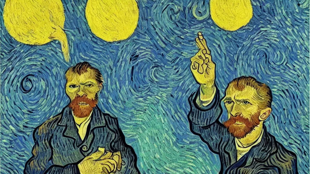 Prompt: oil on canvas of man holding the big moon, surprise, happy, detailed, artwork by vincent van gogh