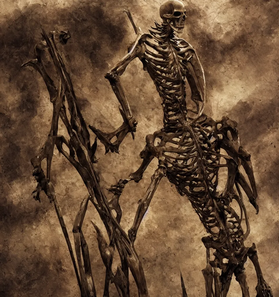 Image similar to closeup concept art of a medieval skeletal figure with skeletal features and long iron spikes, art by HR Giger and Phil Hale, sculpture by Hedi Xandt, dynamic composition, highly detailed, artstation, octane rendering, wayne barlowe, dimly lit in dense fog above lava fields,