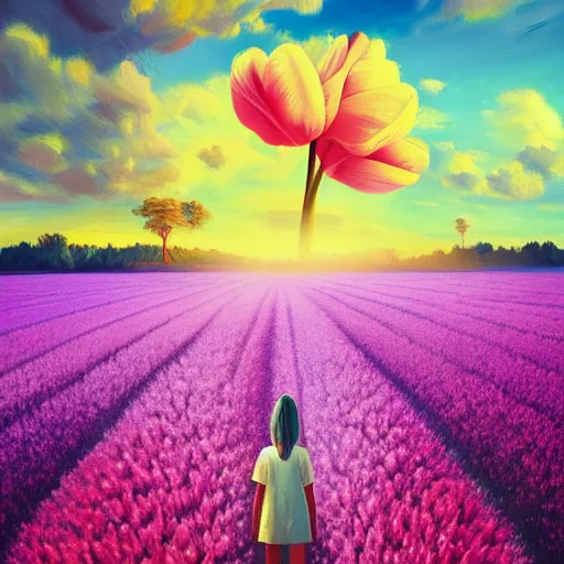 Image similar to tulip head, girl floating in a flower field, surreal photography, sunrise dramatic light, impressionist painting, colorful clouds, digital painting, artstation, simon stalenhag