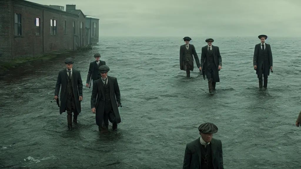 Image similar to the Peaky Blinders crew coming out of the ocean, film still from the movie directed by Denis Villeneuve with art direction by Zdzisław Beksiński, wide lens