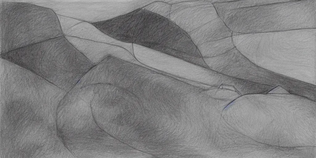 Prompt: a soft pencil drawing of a smooth sloping valley, a small river winding through the middle, in the style of cubism, abstract small boulders dotted around the landscape, low sun casting large shadows