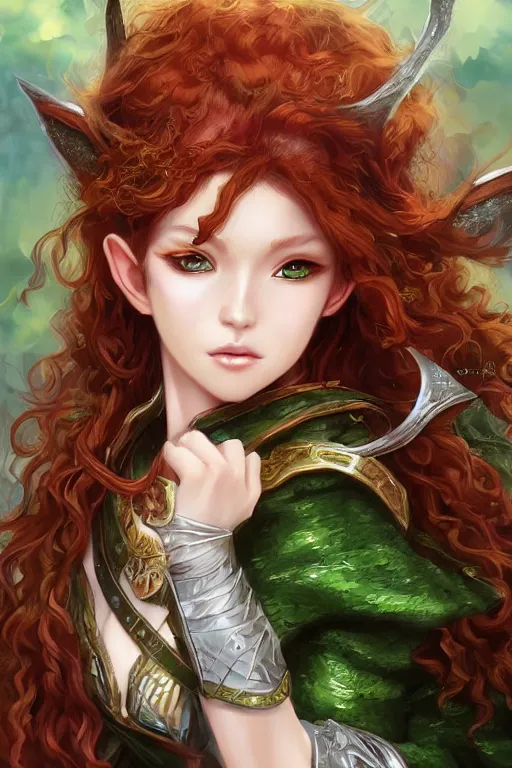 Image similar to A realistic anime portrait of long curly haired redhead female elf ranger wearing an intricate fantasy ranger outfit, asian facial features, green eyes, digital painting, by Stanley Artgerm Lau, Sakimichan, WLOP and Rossdraws, digtial painting, trending on ArtStation, SFW version