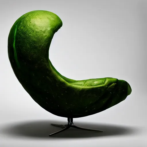 Image similar to an armchair in the shape of an avocado, flying in space