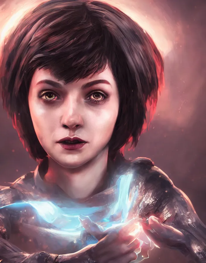 Prompt: An epic fantastic realism comic book style portrait painting of a pretty young sorcerous woman, short pixie haircut, glowing eyes, D&D Concept Art, unreal 5, DAZ, hyperrealistic, octane render, cosplay, RPG portrait, dynamic lighting