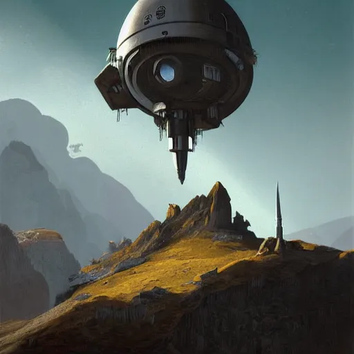 Prompt: derelict spacecraft sticking out from a mountain, painted by Raphael Lacoste