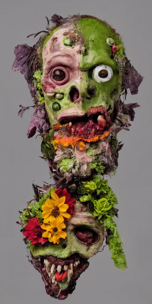 Image similar to portrait of a zombie punk, head made of fruit and flowers in the style of arcimboldo, photorealistic, dynamic lighting, action figure, clay sculpture, claymation, soft multicolor background