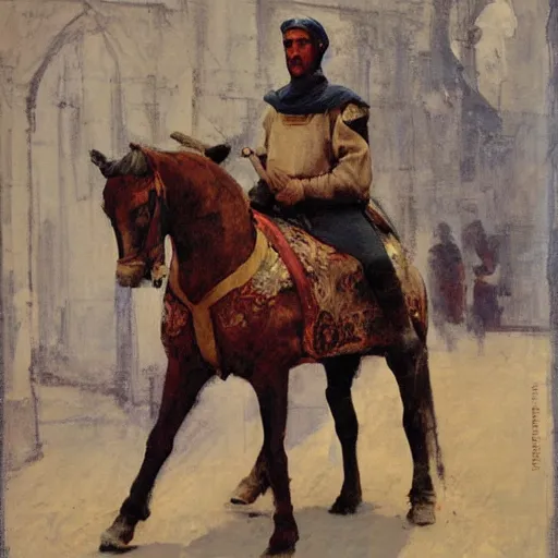 Image similar to portrait of man waring chinmail and gambeson, holding lance and sitting on horse wearing caparisons, medieval by greg manchess, bernie fuchs, walter everett, lost edges