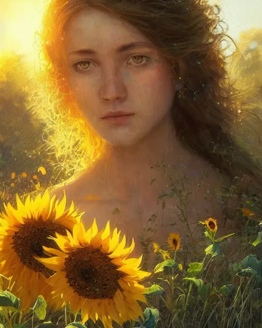 Prompt: Goddess of Summer, yellow-eyes!!!!!!!!!!, sunflowers, gorgeous portrait, intricate, elegant, volumetric lighting, scenery, digital painting, highly detailed, artstation, sharp focus, illustration, concept art, ruan jia, steve mccurry