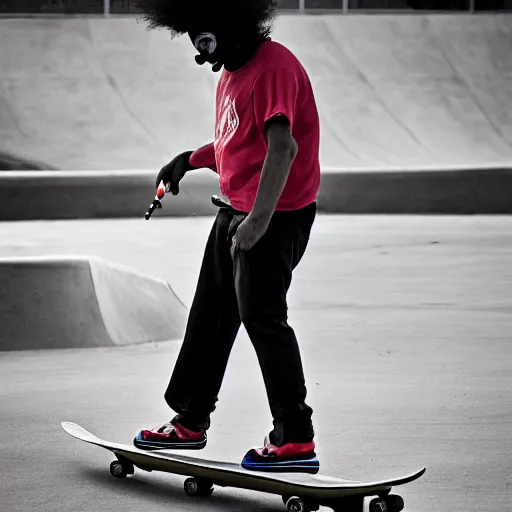 Prompt: a clown smoking a cigarette while skateboarding at a skate park, award winning photography, detailed eyes, sports photography,