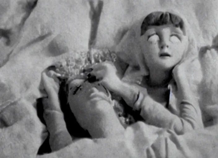 Prompt: a movie still from the silent film When Robots Dream