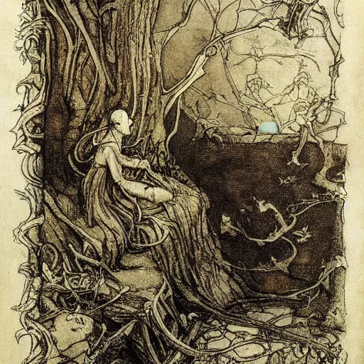 Image similar to once upon a midnight dreary, while i pondered, weak and weary, over many a quaint and curious volume of forgotten lore, by arthur rackham, highly detailed, 8 k,