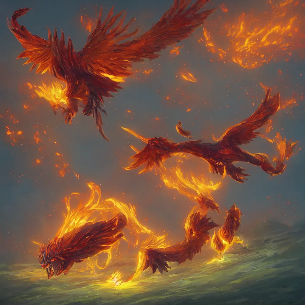 Prompt: art of a phoenix from dota 2. diving into battle, phoenix blasts enemies and heals allies with rays of solar flame. when the time is right, it can become a burning sun to scorch nearby foes before unleashing a stunning detonation that also restores phoenix to full strength. art by simon stalenhag