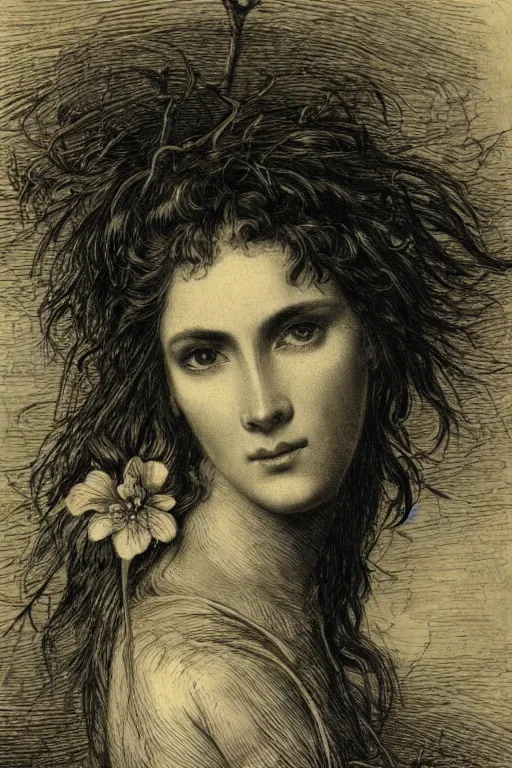 Prompt: extreme close-up portrait of a beautiful french woman with broad cheekbones with flower in the head, forest background, Gustave Dore lithography