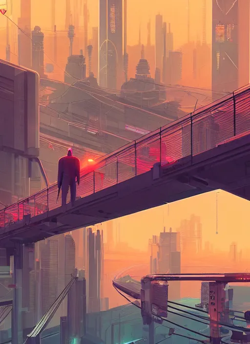 Prompt: a man standing on top of a bridge over a city, cyberpunk art by james gilleard, cgsociety, retrofuturism, synthwave, cityscape, 2 d game art