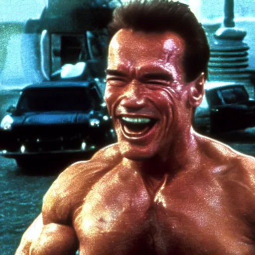 Image similar to arnold schwarzenegger in true lies smiling at the camera, blooper, out take, funny