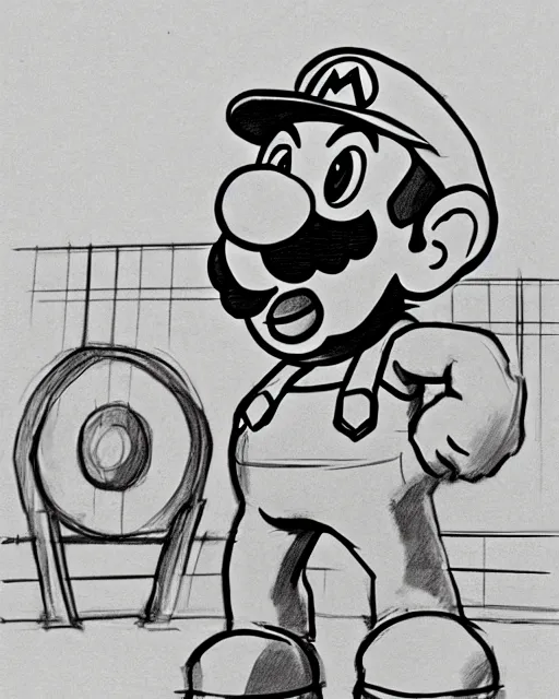 Image similar to super mario on the stand, court room sketch, fine details, concept art, extremely detailed, black and white, very sharp, in the style of elizabeth williams