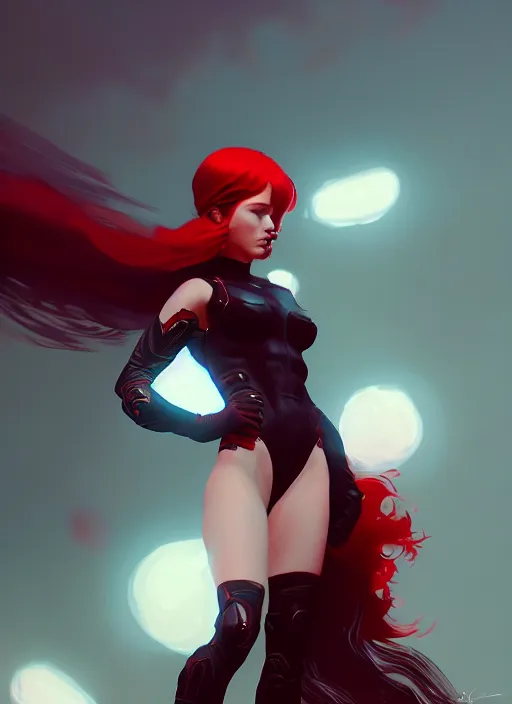 Image similar to a beautiful red - haired girl dressed as a superhero, intricate, elegant, highly detailed, digital painting, artstation, concept art, smooth, sharp focus, illustration, ethereal, misty, by ilya kuvshinov and jeremy mann, 8 k, octane render