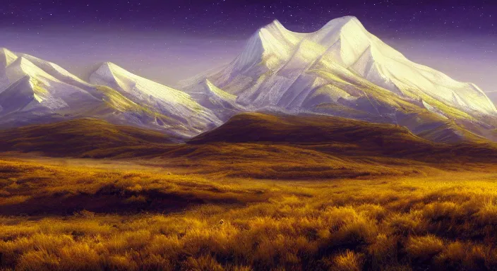 Image similar to A professional digital landscape painting of a vast wintery tundra with peaking mountains in the background, painted by Terese Nielsen, 4k, digital art, trending on cgsociety, highly detailed, upper body shot, shallow depth of field, purple and yellow lighting, professional lighting, airbrush,