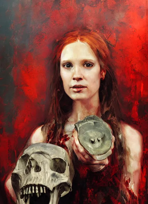 Prompt: portrait painting of beautiful red head ancient irish celtic priestess holding a dinosaur skull, by jeremy mann, only one head single portrait