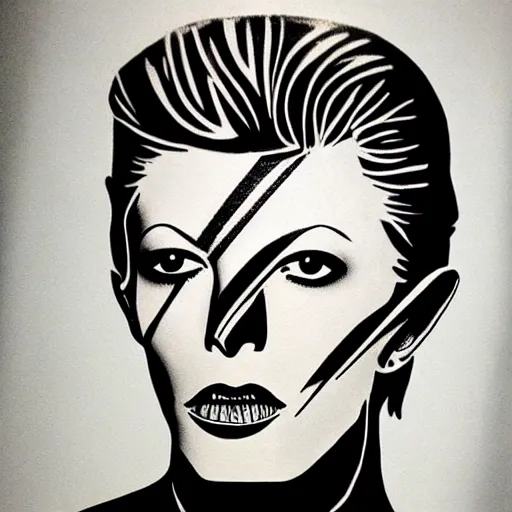 Image similar to tattoo design, stencil, portrait of david bowie, symmetrical face