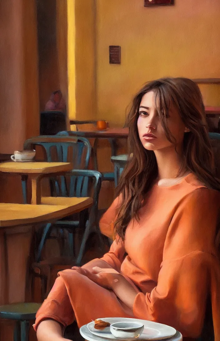 Image similar to a portrait of a beautiful girl sitting in a cafe, cuban setting, warm colors, soft lighting, atmospheric, cinematic, moody, in the style of diego koi, gina heyer, luiz escanuela, art by alyssa monk, hyperrealism, rule of thirds, oil on canvas, 8 k