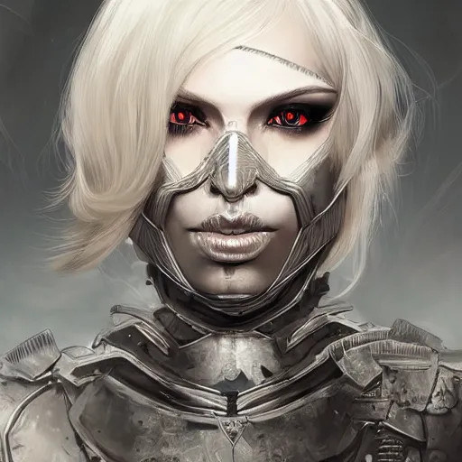 Prompt: portrait of a heavily armored blonde woman, dark fantasy, gloomy atmosphere, trending on artstation, hyper detailed