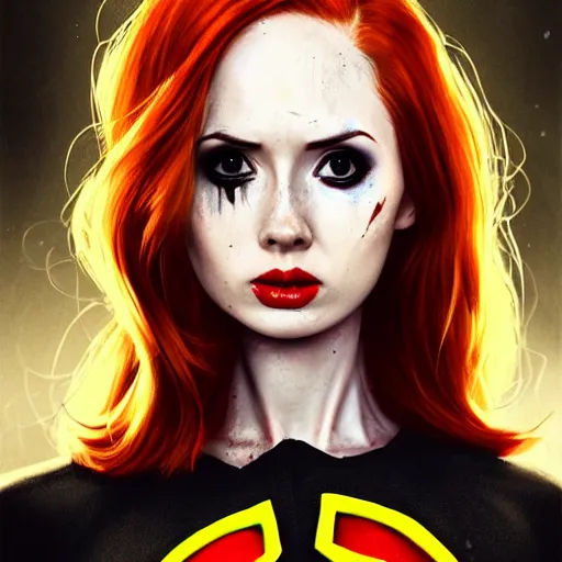 Image similar to Karen Gillan Batgirl, redhead, full body Batgirl ripped costume with cape, no mask, bruised and bloody face, symmetrical face symmetrical eyes, dark alleyway, illustration, artstation, cinematic lighting, hyperdetailed, cgsociety, 8k, high resolution, Charlie Bowater, Tom Bagshaw, Norman Rockwell, insanely detailed and intricate