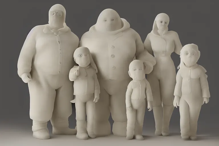 Prompt: alabaster light scatter translucent sculpture of the Bibendum family portrait, backlight, Michelin Man family portrait, luminescence, sculpture, photograph, studio lighting, product photography, while marble, figurine, unreal engine, cryengine,