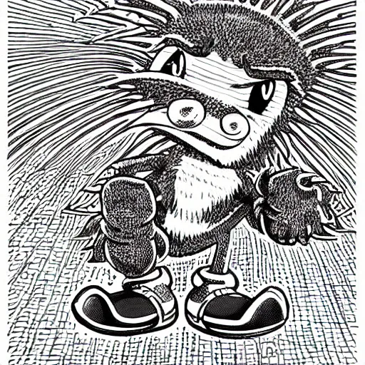 Image similar to low angle shot of Sonic the Hedghehog, ink drawing by Robert Crumb, intricate, elegant, highly detailed, centered, digital painting, artstation, concept art, smooth