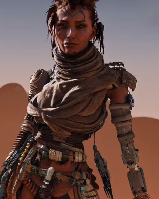 Image similar to render of a futuristic female desert nomad, post apocalyptic, in the style of Star Wars, in the style of Horizon Zero Dawn, part by Tsutomu Nihei, part by Emil Melmoth, part by Craig Mullins, part by Yoji Shinkawa, dof, golden hour, 8k