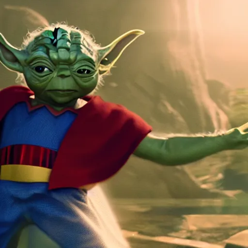 Prompt: yoda as superman, splash art, movie still, cinematic lighting, dramatic, octane render, long lens, shallow depth of field, bokeh, anamorphic lens flare, 8 k, hyper detailed, 3 5 mm film grain