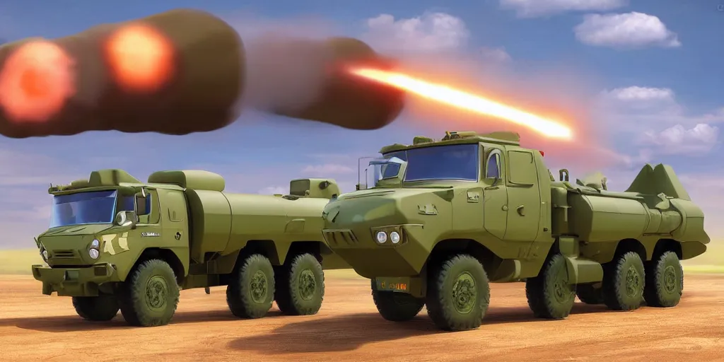 Image similar to HIMARS with missile, eyes and smile, Cars Pixar movie style, detailed, green, digital art