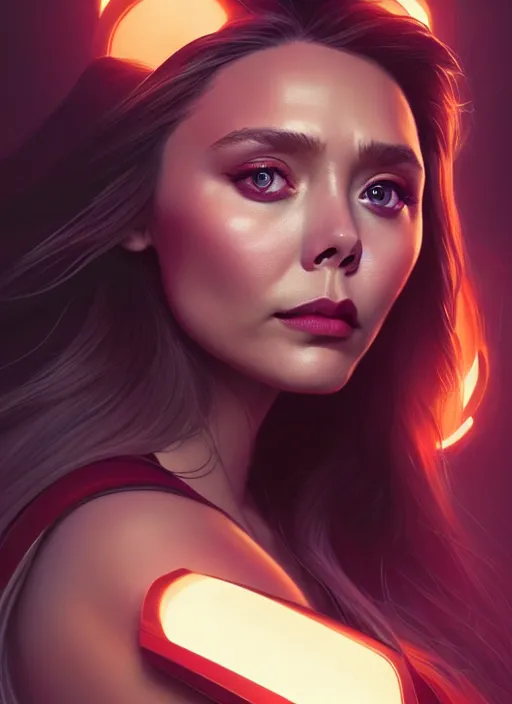 Image similar to portrait of modern darna, elizabeth olsen, intricate, elegant, glowing lights, highly detailed, digital painting, artstation, glamor pose, concept art, smooth, sharp focus, illustration, art by wlop, mars ravelo and greg rutkowski