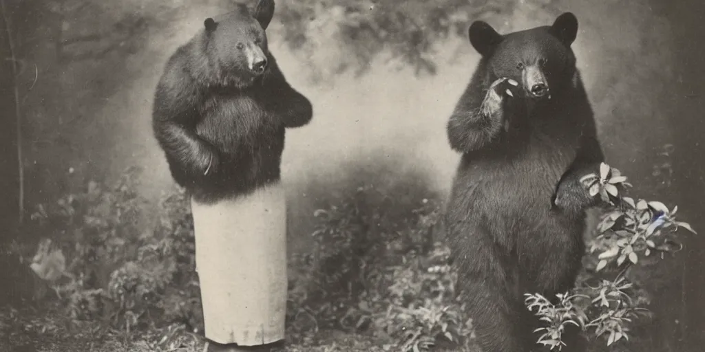 Prompt: anthropomorphic asian black bear, 1900s photo