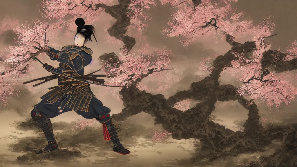 Image similar to beautiful japanese painting of an armoured samurai meditating under a blossom tree, realistic, digital painting, concept art, matte painting, cinematic night lighting, 8 k, highly detailed, detailed terrain