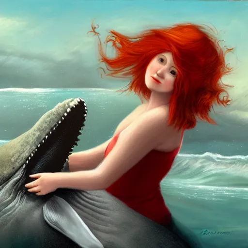 Image similar to a portrait of a red headed young woman hugging a whale in a scenic environment by Bowater Charlie