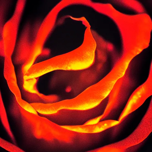 Image similar to award - winning macro of a beautiful black rose made of glowing molten magma