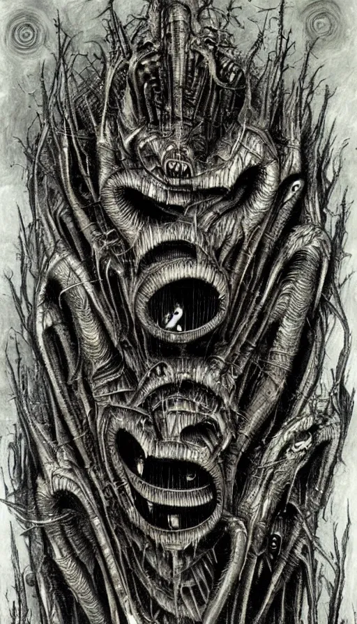 Image similar to a storm vortex made of many demonic eyes and teeth, by hr giger