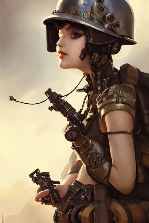 Image similar to dieselpunk soldier girl, helmet, shoulders, chest, portrait, desert, armored, highly detailed, sharp focus, art, illustrations by rossdraws and ayanamikodon and wlop and irakli nadar and loish