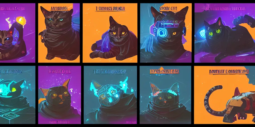 Image similar to card design concept art for a cyberpunk game about cats and cars and monsters, symmetrical, magic, by settlers of catan and cosmic encounters and fantasy fights