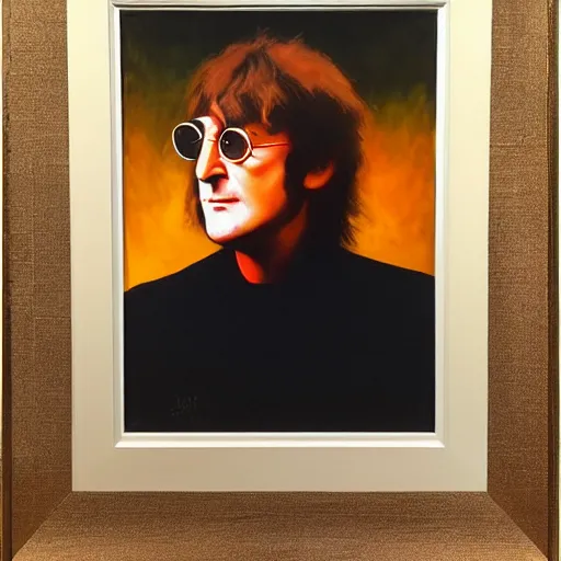 Image similar to 80 year old John Lennon, oil painting, dramatic lighting, framed,