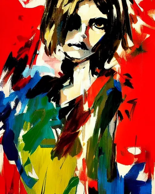 Image similar to Fashion model girl by Ashley Wood, Yoji Shinkawa, Jamie Hewlett, 60's French movie poster, French Impressionism, vivid colors, palette knife and brush strokes, Dutch tilt