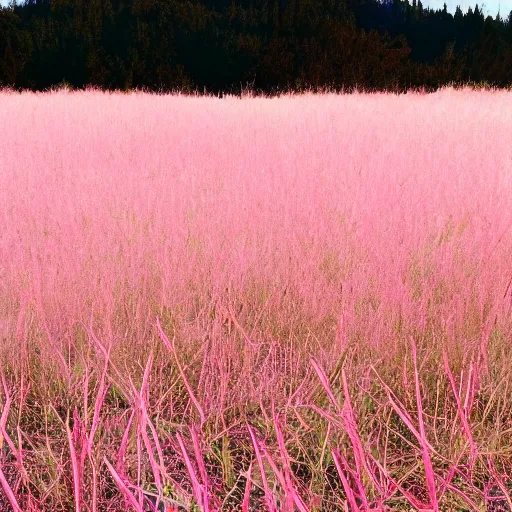 Prompt: a ultra high definition pastel coloured photograph from a holiday photo album. 5 0 mm lens, depicting a pale pink tent pitched and lit fire in a vast pastel pink field made of pastel pink grass blades in an alien world, pale pink grass, pale pink sky. no artefacts. highly detailed. no green colour.