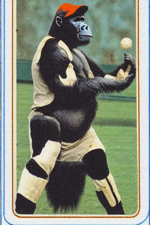 Prompt: baseball card of a gorilla wearing a striped jersey