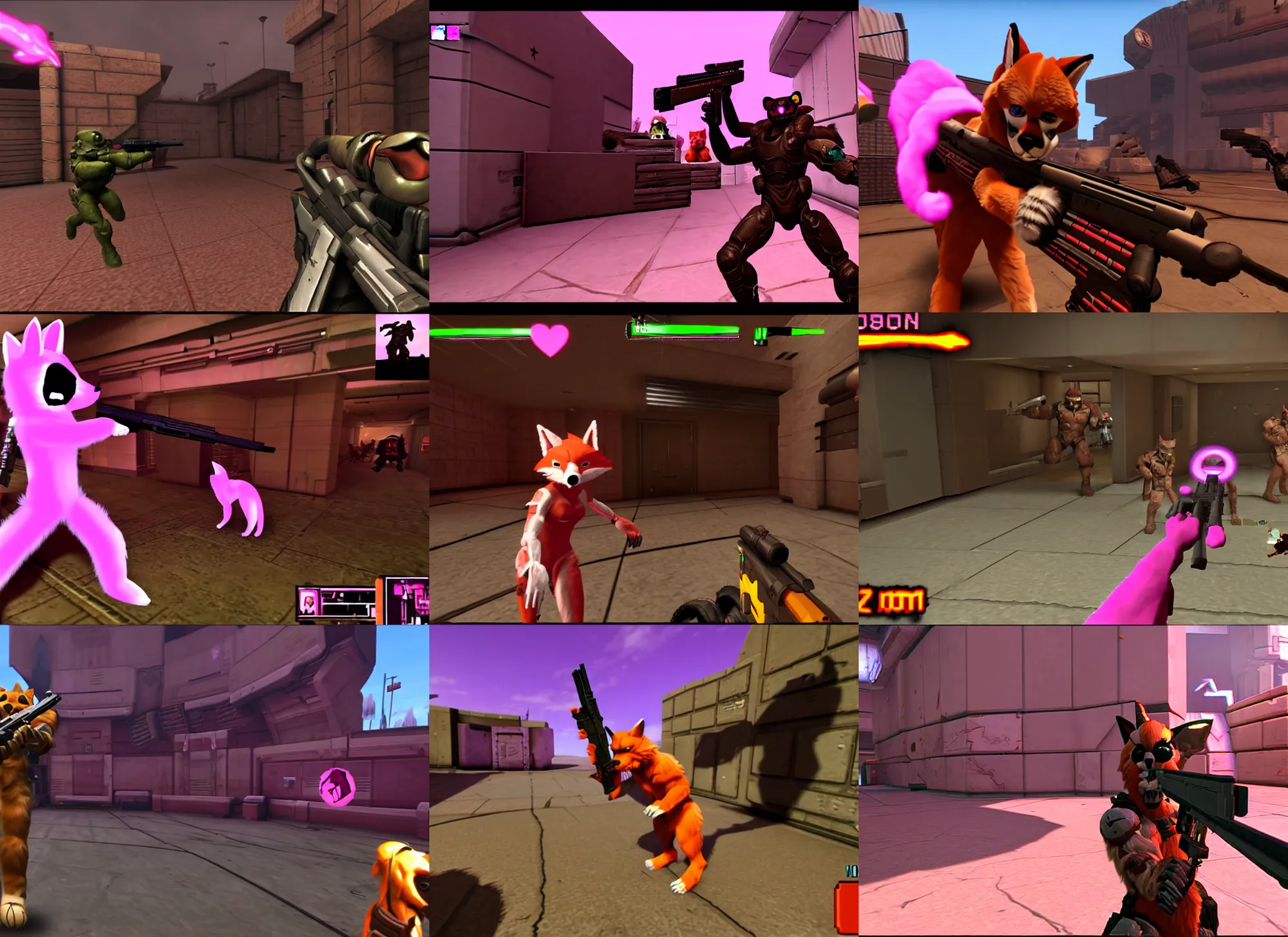 Prompt: rifle pointed at pink fox furry fursuit in a screenshot of the video game doom, the furry fursuit is running