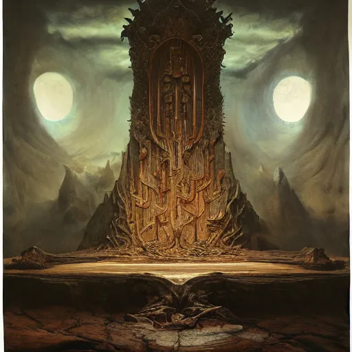 Image similar to the throne of reason | highly detailed matte painting, hyperrealistic, very intrincate | cinematic lighting, award - winning | by rachel ruysch, giger, beksinski and bocklin | by austin osman spare and william blake, trending on artstation, cgsociety, official art, octane.