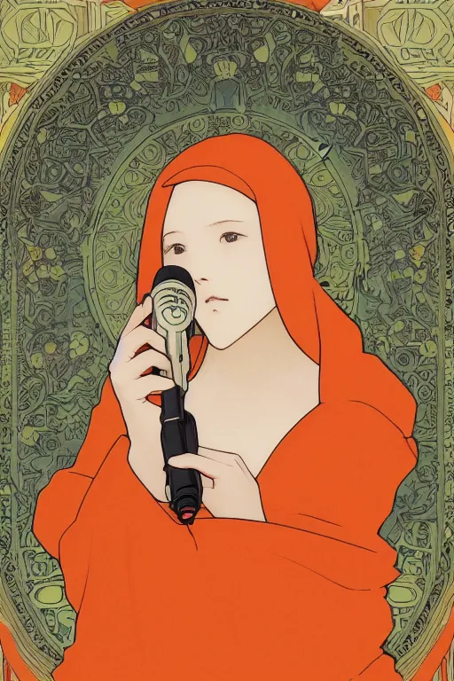 Prompt: a Girl in a large hood crouching on the ground by studio ghibli and mucha ,Visual Communication Design Refreshing colour ,orange slices,album,Microphone